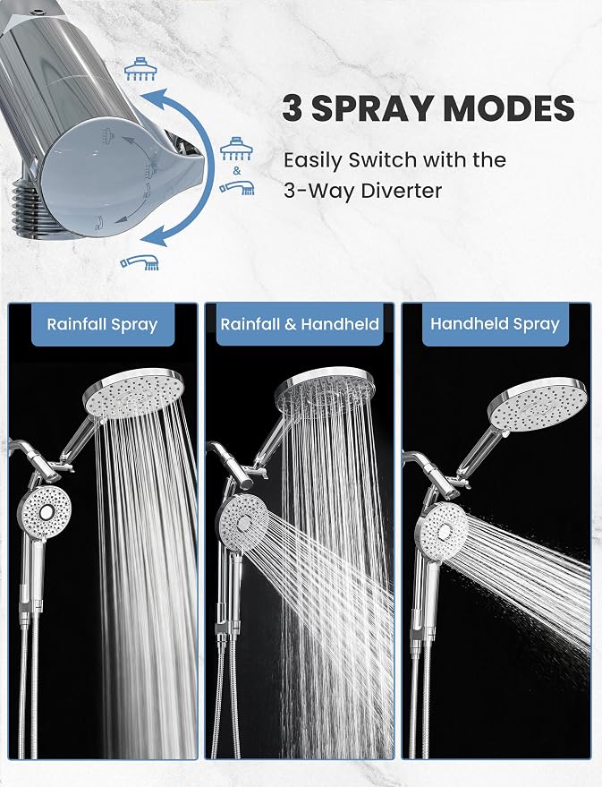 Magichome Filtered Shower Head Handheld Mother-Child Large Arm Combo, High Pressure 10-Spd Detachable Chrome Showerhead w/Stainless Hose, Water Softener Beads Hard Water - Remove Chlorine, Sliver