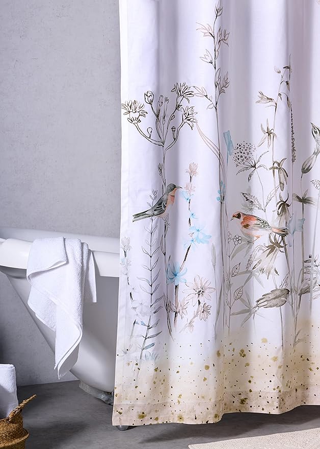 Maison d' Hermine Shower Curtain 100% Cotton One Panel 70"x72" Washable Fabric Shower Curtains for Bathroom, Easy Hanging with 12 Button Holes - Hotel Spa Easter Gifts (Meadow Florals - Brown)