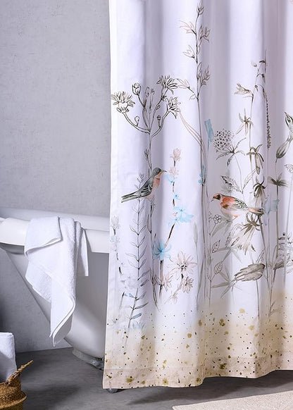 Maison d' Hermine Shower Curtain 100% Cotton One Panel 70"x72" Washable Fabric Shower Curtains for Bathroom, Easy Hanging with 12 Button Holes - Hotel Spa Easter Gifts (Meadow Florals - Brown)