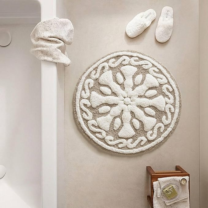 Madison Park Casablanca 100% Cotton Tufted Bathroom Rugs Luxurious Plush Medallion Floral Pattern Bath Mat Absorbent, Quick Dry, Spa Design Shower Room Décor, Round 25", Taupe