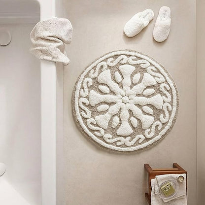 Madison Park Casablanca 100% Cotton Tufted Bathroom Rugs Luxurious Plush Medallion Floral Pattern Bath Mat Absorbent, Quick Dry, Spa Design Shower Room Décor, Round 25", Taupe