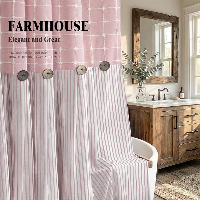 Farmhouse Shower Curtain Button Plaid-Pink-Pink Stripe 72"W x 72"L | Farmhouse Style, Chic Button, Striped, Linen Fabric, Rustic, Country, Natural Look, Washable, for Bathroom Bathtub