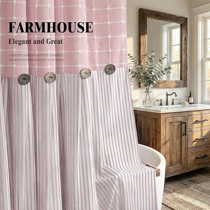 Farmhouse Shower Curtain Button Plaid-Pink-Pink Stripe 72"W x 72"L | Farmhouse Style, Chic Button, Striped, Linen Fabric, Rustic, Country, Natural Look, Washable, for Bathroom Bathtub
