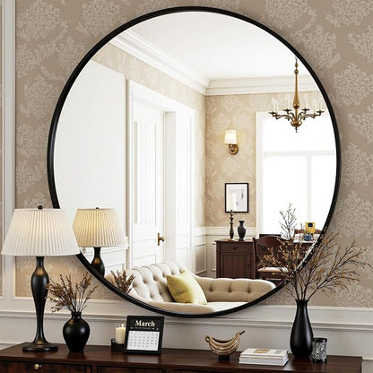 Antok 24 Inch Round Mirror for Wall, Round Bathroom Mirror, Circle Wall Mirrors with Black Metal Frame, Circle Mirrors Suitable for Wall, Bathroom, Vanity, Living Room, Entryway