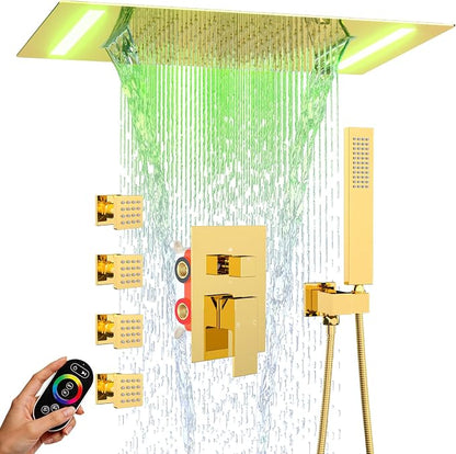 ENGA Bright Gold Shower System with Body Jets, 2 In 1 Functions Ceiling Mount 14x20inch LED Shower Head with 4 Body Jets, Rainfall Waterfall Shower Faucet Set