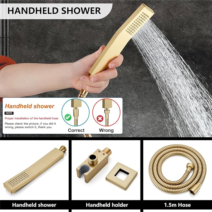 Midanya Shower Faucet Set with Handheld Sprayer,8 Inch,Brushed Gold | Rough-in Shower Valve and Trim Kit Included,Square Rain Head,Wall Mount Shower System,All Metal,Bathroom