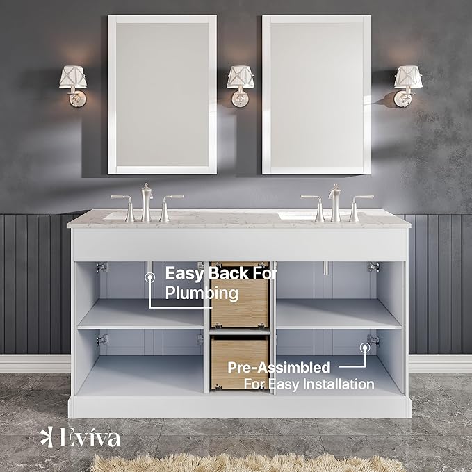 Eviva White 60 inch Bathroom Vanity with Sink - Porcelain Round-Bathroom Vanity Double Sink-Solid Wood 60" Vanity Bathroom Sink-Marble Top Double Vanity Sink Cabinet