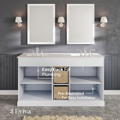 Eviva White 60 inch Bathroom Vanity with Sink - Porcelain Round-Bathroom Vanity Double Sink-Solid Wood 60" Vanity Bathroom Sink-Marble Top Double Vanity Sink Cabinet