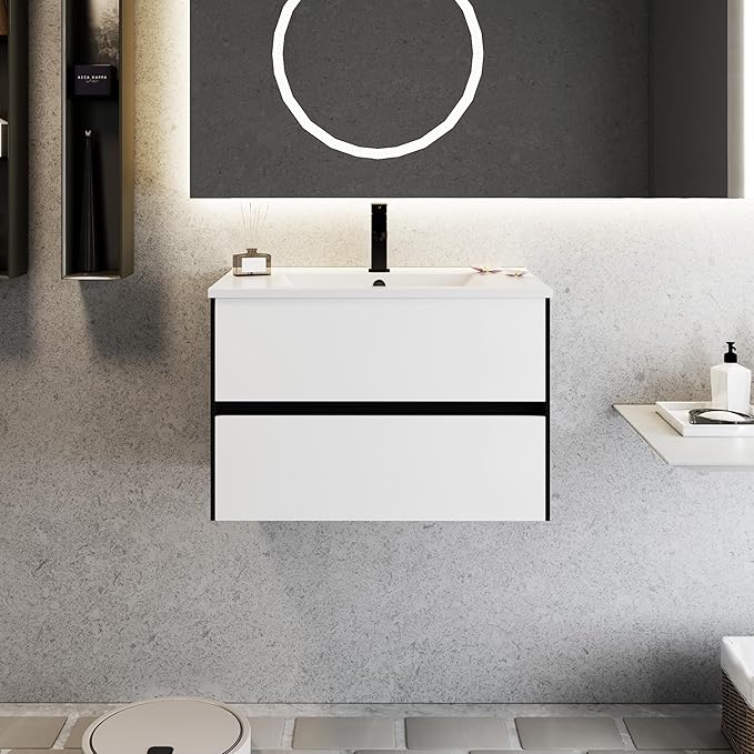 eclife 30" Bathroom Vanity Cabinet with Undermount White Sink Combo, Wall Mounted Floating Bathroom Cabinet with Colors Mixed Style, 2 Big Drawers & Matte Black Faucet