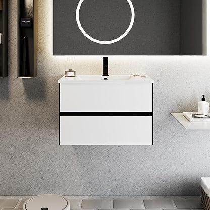 eclife 30" Bathroom Vanity Cabinet with Undermount White Sink Combo, Wall Mounted Floating Bathroom Cabinet with Colors Mixed Style, 2 Big Drawers & Matte Black Faucet