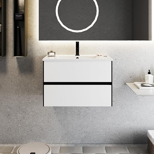 eclife 30" Bathroom Vanity Cabinet with Undermount White Sink Combo, Wall Mounted Floating Bathroom Cabinet with Colors Mixed Style, 2 Big Drawers & Matte Black Faucet