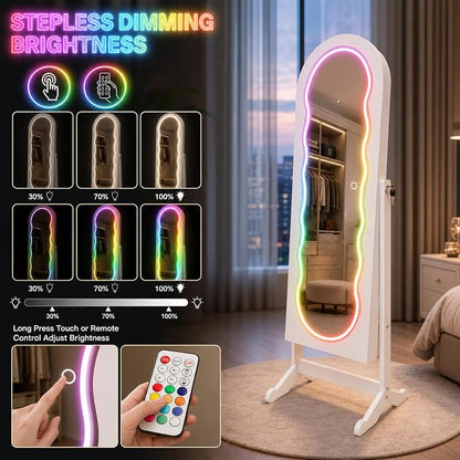Fiqevs RGB Mirror Jewelry Cabinet, Remote Control LED Mirror with Storage | Arched Standing Jewelry Armoire with Full Length Wavy Mirror, Lockable, Spacious Storage Organizer, Gift Idea, White