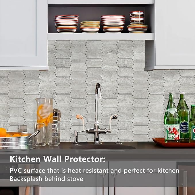 Vamos Tile Long Hexagon Peel and Stick Backsplash Tile - 10 Sheets Stick on Backsplash for Kitchen and Bathroom 12.4 x 12 Inch Beige Slate Look PVC Self Adhesive Mosaic Wall Tiles