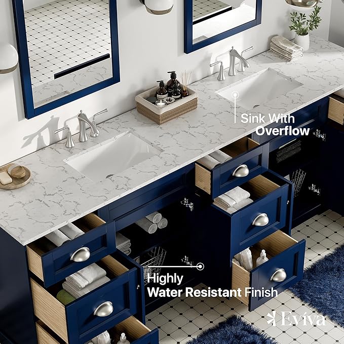 Eviva Epic 96 in. Blue Double Sink Bathroom Vanity with White Carrara Quartz Countertop