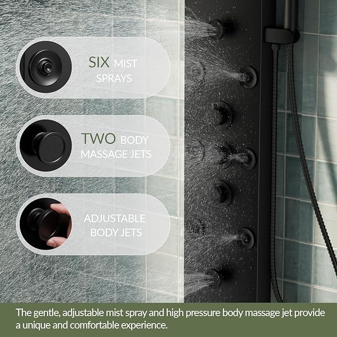 Black Shower Panel Tower System Stainless Steel LED Rainfall Waterfall Shower Head 5-Function Faucet Rain Massage System Wall Mount with 8 Body Jets, Handheld, and Tub Spout