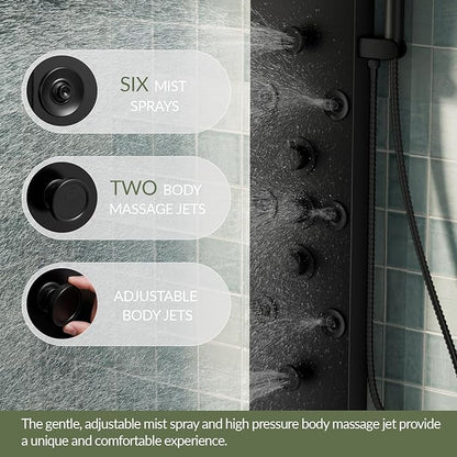 Black Shower Panel Tower System Stainless Steel LED Rainfall Waterfall Shower Head 5-Function Faucet Rain Massage System Wall Mount with 8 Body Jets, Handheld, and Tub Spout