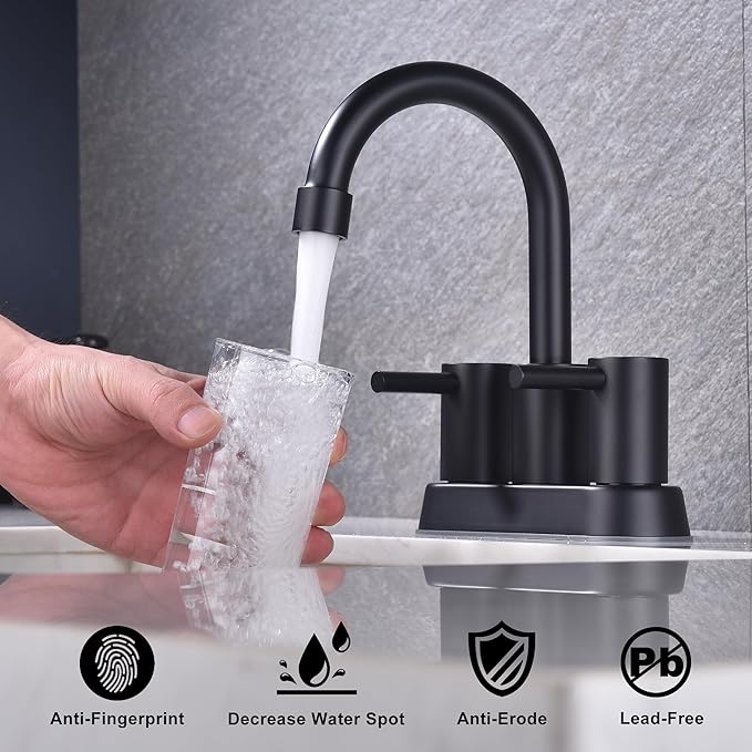 Matte Black Bathroom Faucet 2 or 3 Hole, 2 Handle 4 Inch Centerset Stainless Steel Bathroom Sink Faucet with Pop up Drain and Supply Lines, Black Faucet for Bathroom, Restroom, Vanity, Rv