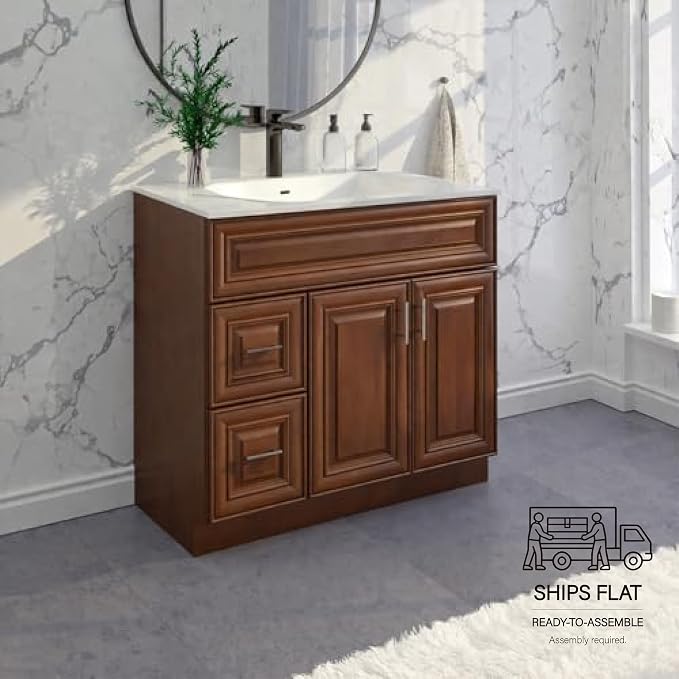 36" Maple Walnut Bathroom Vanity Base – Ready-to-Assemble Sink Cabinet with Drawers, Shaker Style Storage, Base Only, No Top or Sink
