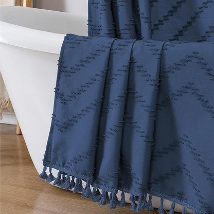 Extra Long Dusty Blue Boho Shower Curtain, Chic Tufted Chevron Striped Textured Fabric Cloth Shower Curtains with Tassel for Bathroom, Soft Hotel Style Farmhouse, Machine Washable, 72x84