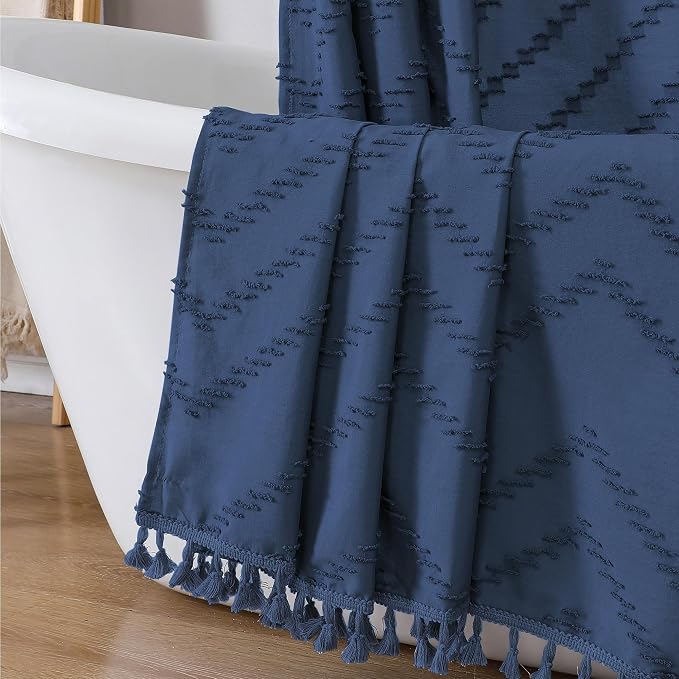 Extra Long Dusty Blue Boho Shower Curtain, Chic Tufted Chevron Striped Textured Cloth Fabric Shower Curtains with Tassel for Bathroom, Soft Hotel Style Farmhouse, Machine Washable, 72x96