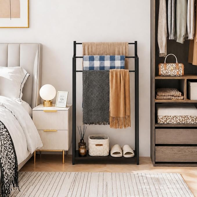 16.9" W Freestanding Towel Rack with Black Wood Shelf | 3 Tier Blanket Ladder Stand for Bathroom Living Room, Metal Frame,31.5"H x 16.9"W x7.9"D