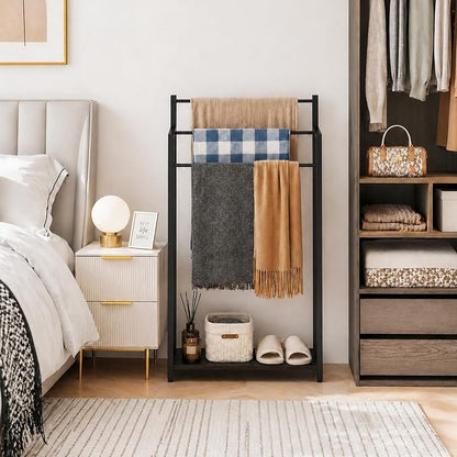 16.9" W Freestanding Towel Rack with Black Wood Shelf | 3 Tier Blanket Ladder Stand for Bathroom Living Room, Metal Frame,31.5"H x 16.9"W x7.9"D