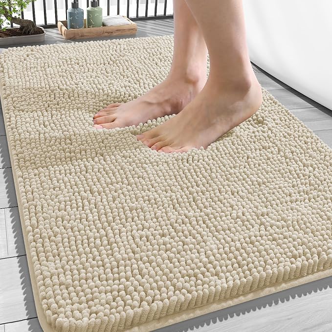 OLANLY Bathroom Rugs 34x21, Extra Soft Absorbent Chenille Bath Rugs | Sand, Quick-Drying Rubber Backing, Machine Washable Bath Mat for Bathroom Floor, Tub and Shower, Home Decor Accessories