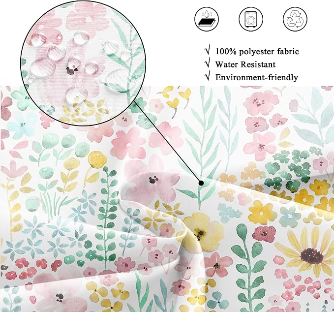 Sage Green Floral Cute Boho Watercolor Plants Bathroom Shower Curtain Set | 72"W x 72"H Girly Spring; waterproof HD print, quick-dry fabric with 12 hooks for easy hanging.