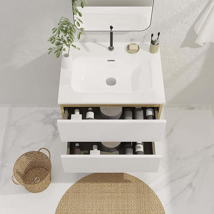 24'' Floating Bathroom with Sink Combo, Modern Bathroom Cabinet with 2-Soft Close & Large Storage Drawers, for Small Space, Apartment, Hotel, White and Natural (Already Assembled)