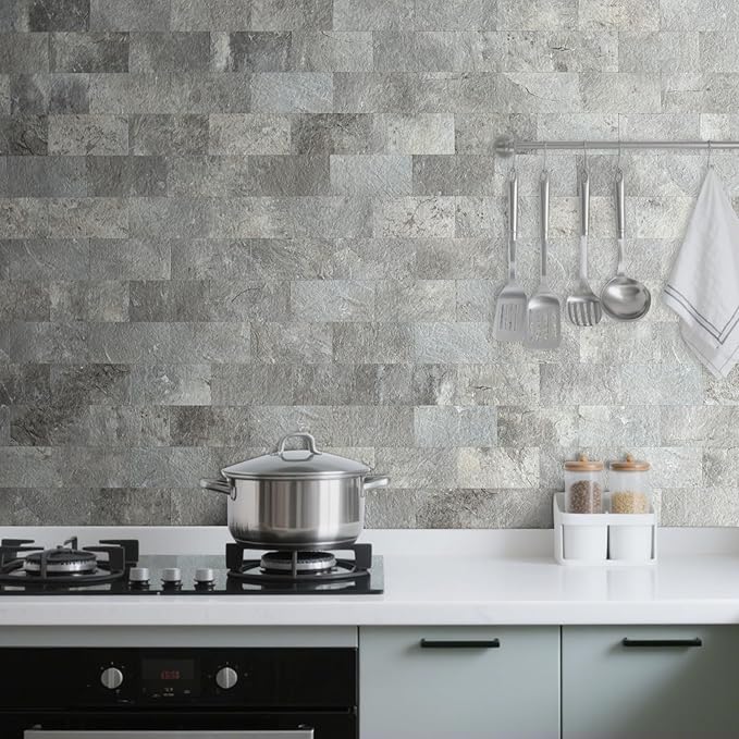 AULIGET 100 Piece Mountain Rock Peel and Stick Backsplash Wall Tiles, 3" x 6" PVC Faux Stone Stick on Tiles for Backsplash Kitchen, Bathroom, Laundry Room, Camper, Fireplace
