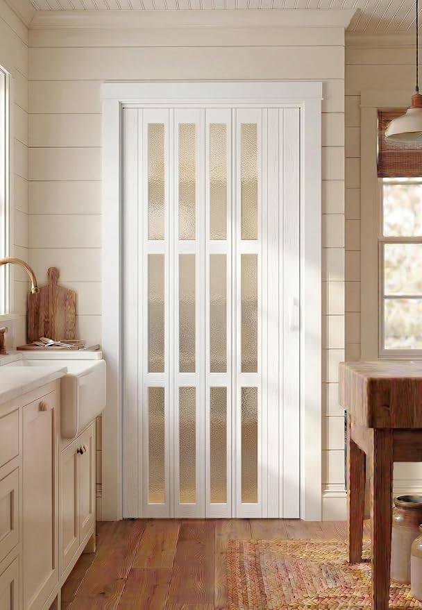 SmartStandard 36" x 80" Accordion Doors with Frosted Acrylic Glass, White | Save Space, Full-Side Magnetic Strip, Double-Layer PVC Accordion Doors Interior for Doorway Closet, Easy to Assemble