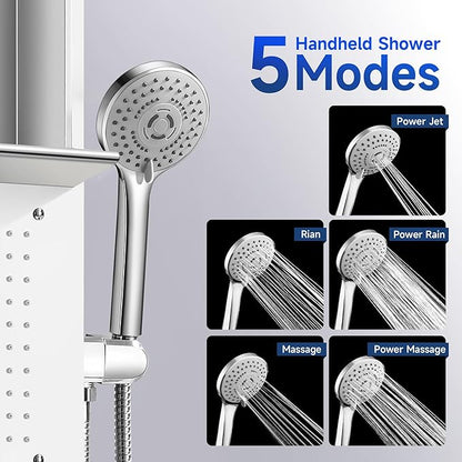 Shower Panel System, Multi-Function Shower Tower With 4 Body Spray, 5 Handheld Settings, Shelf & Adjustable Height, Rainfall + Waterfall Shower Head, Rain Massage Spa System
