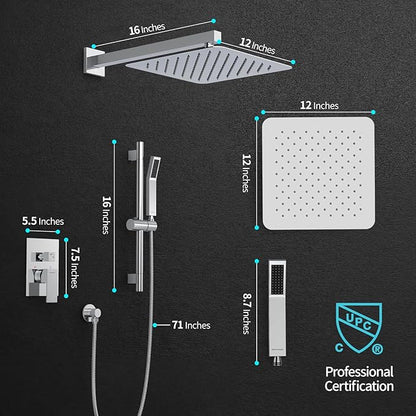 SR SUN RISE 12 Inch Slide Bar Shower System, Square Rain Shower Head and Handheld Spray, Wall Mounted Shower Faucets Sets Complete Included Valve and Shower Trim Kit, Polished Chrome