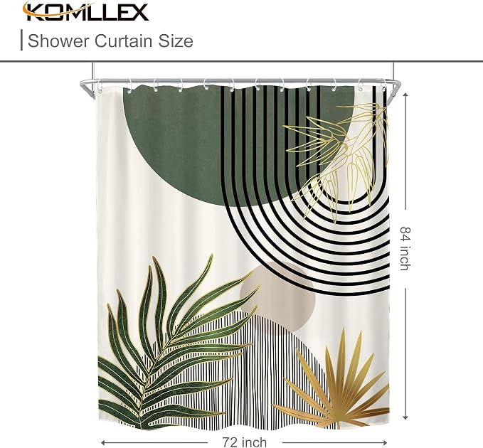 KOMLLEX Mid Century Green Boho Abstract Modern Bathroom Shower Curtain Set | 72Wx84L Gold Plant design, waterproof HD print with fast-drying fabric and 12 hooks.