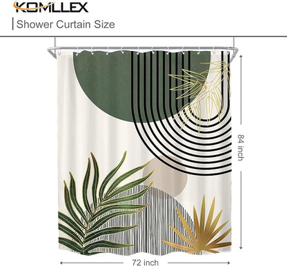 KOMLLEX Mid Century Green Boho Abstract Modern Bathroom Shower Curtain Set | 72Wx84L Gold Plant design, waterproof HD print with fast-drying fabric and 12 hooks.