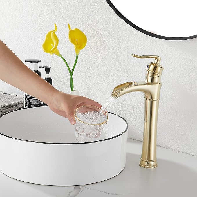 Brushed Gold Bathroom Faucet GGStudy Waterfall Bathroom Faucet Single Handle One Hole Tall Body Farmhouse Bathroom Vessel Sink Faucet Vanity Faucet Matching with Pop Up Drain