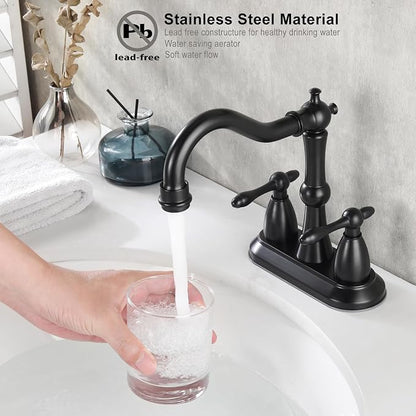 Matte Black Antique Bathroom Sink Faucet, Stainless Steel 4 inch Centerset Vanity Faucet with Drain and Supply Hose, Black Sink Faucet Bathroom 2 Hole