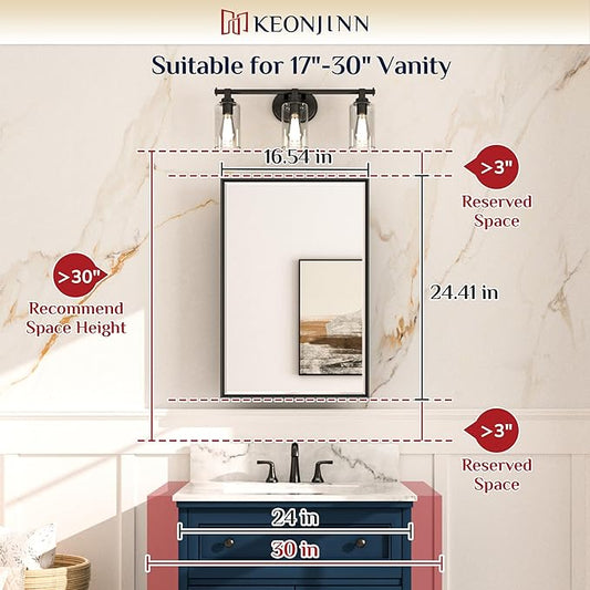 Keonjinn 17" x 25" Silver Bathroom Medicine Cabinets with Mirror, Recessed or Surface Wall-Mounted Aluminum Alloy Framed Beveled Mirror with Storage, 2 Adjustable Shelves for Bath Modern