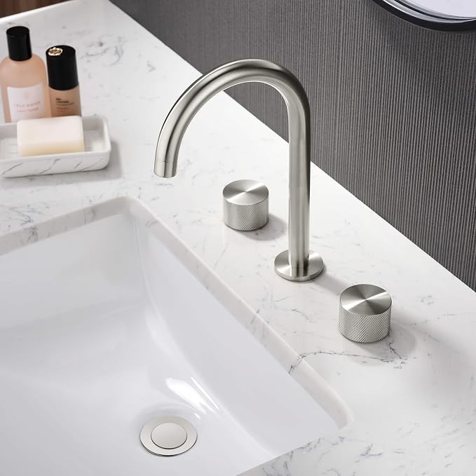 2-Handle 8" Widespread Bathroom Sink Faucet with Drain Assembly, Solid Brass 3-Hole Lavatory Faucet | Circular X Design | Corrosion-Resistant with Smooth Water Flow (Brushed Nickel, KBF1026)