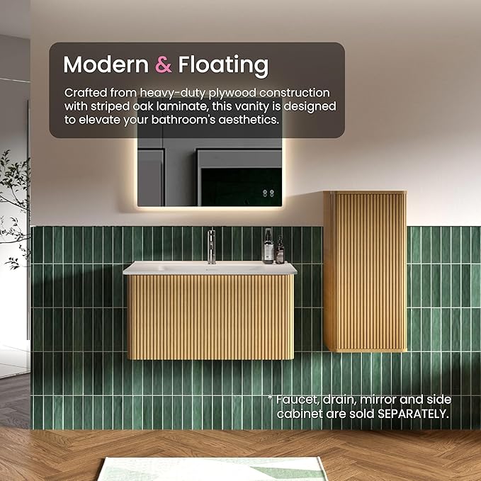 30 Inch Bathroom Vanity with Sink, Modern Floating Vanity with Push Open Drawer, Large Storage for Small Space, Apartment, Hotel, Natural Oak, Fully Assembled - Camellia Collection