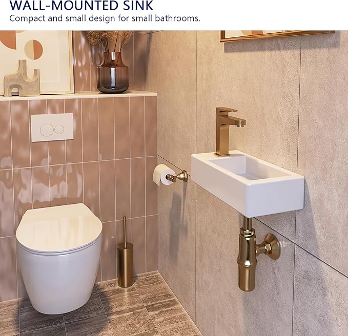 Small Bathroom Sink DeerValley, 15"x7" Mini Rectangle Wall Mount Vessel Sink for Bathroom Powder Room Cloakroom, Floating Space Saving Design, Easy to Clean White Ceramic Wash Basin (Left Hand)