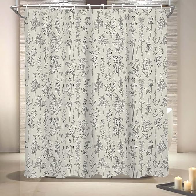 Coxila Vintage Floral Shower Curtain Beige Cream Retro Flower Farmhouse Spring Rustic Country Ivory Botanical Plant Nature Cottagecore Boho Cute Bathroom 60 x 72 Inch Polyester Fabric 12 Pack Hooks