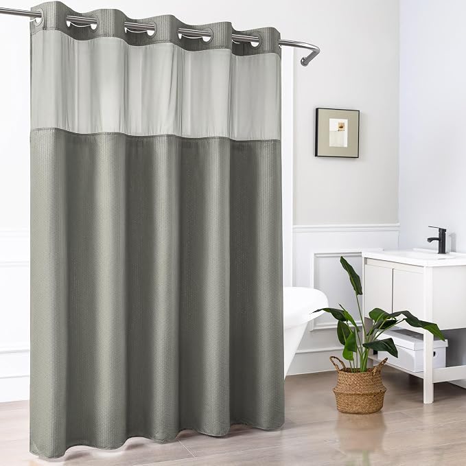 No Hook Gray Shower Curtain with Snap-in Fabric Liner 71x74 | Embossed Waffle-Look Textured, Sheer Window, Soft & Lightweight, Water Repellent Fabric Shower Curtain for Bathroom