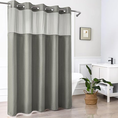 No Hook Gray Shower Curtain with Snap-in Fabric Liner 71x74 | Embossed Waffle-Look Textured, Sheer Window, Soft & Lightweight, Water Repellent Fabric Shower Curtain for Bathroom