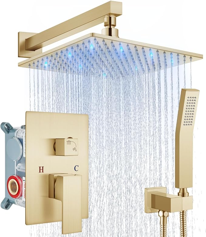 Aolemi Shower Faucet Set with Valve Handheld 10" LED Head Brushed Gold | Handheld Spray,10 Inch Rain LED Head,Valve and Trim Kit,All Metal,Wall Mount Shower System,Bathroom Mixer
