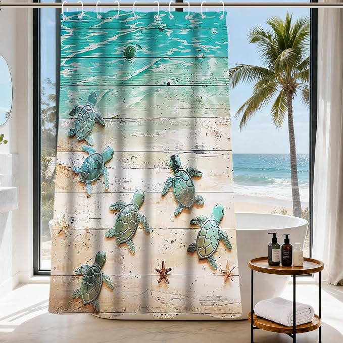 Cute Kids Beach Shower Curtain, Ocean Coastal Nautical Sea Turtle Shower Curtains for Bathroom, Waterproof Bath Curtain with Hooks Machine Washable Bathtub Curtains 60x72 Inch Blue Green