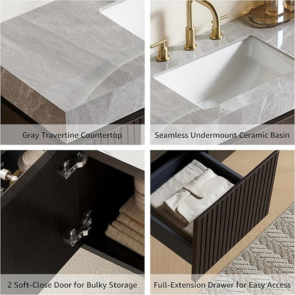 48” Floating Bathroom Vanity with Sink, Wall-Mounted Cabinet with Drawer & Doors, Gray Travertine-Pattern Sintered Stone Top, Undermount Basin, 3 Faucet Hole, Soft-Close, Pre-Assembled, Dark Oak