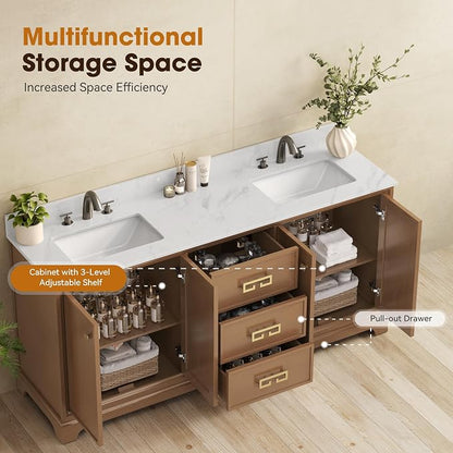 72 Inch Double Sink Bathroom Vanity, Light Walnut | Fully Assembled Bathroom Sink Cabinet, Marble Countertop & Backsplash, Soft Closing 4 Doors & 3 Drawers, Adjustable Shelves