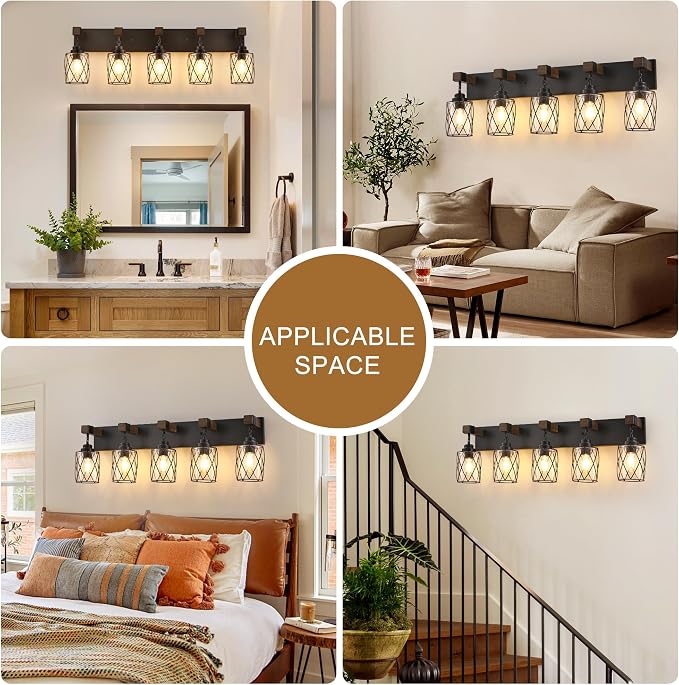 Bathroom Light Fixtures,Farmhouse Black Metal with Glass Shade | 5 Light Rustic Vanity Lights, Wood Accent Wire Cage Design, Mounts Over Mirror, Ideal for Bedroom & Hallway,Easy to Install