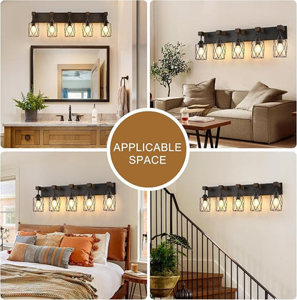 Bathroom Light Fixtures,Farmhouse Black Metal with Glass Shade | 5 Light Rustic Vanity Lights, Wood Accent Wire Cage Design, Mounts Over Mirror, Ideal for Bedroom & Hallway,Easy to Install